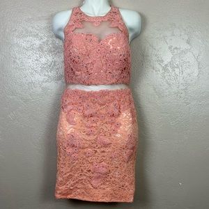 Anny Lee Divine Lace Beaded Mesh‎ See Through Dress peach Size Large Party